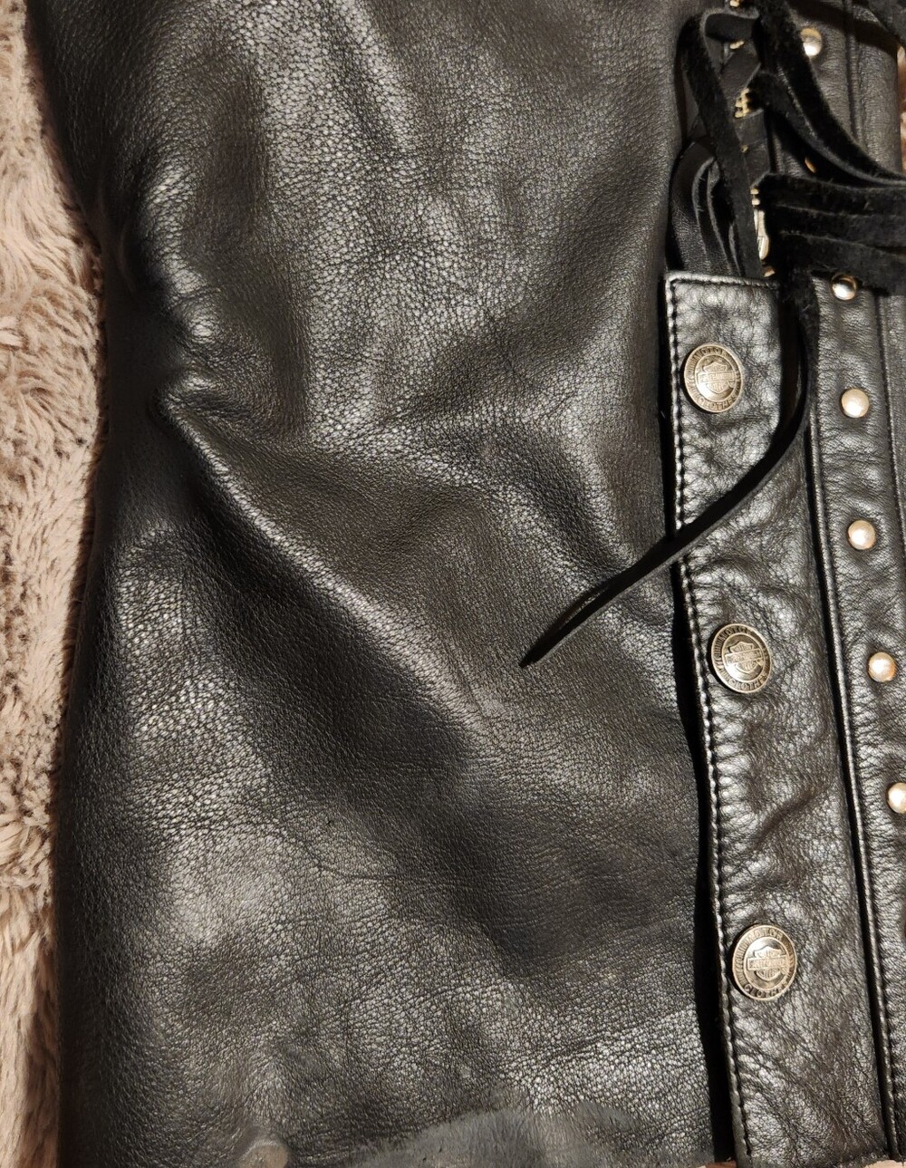 Vintage Mens Black Leather Fringe Motorcycle Chaps with Studs Size Large - Picture 5 of 6